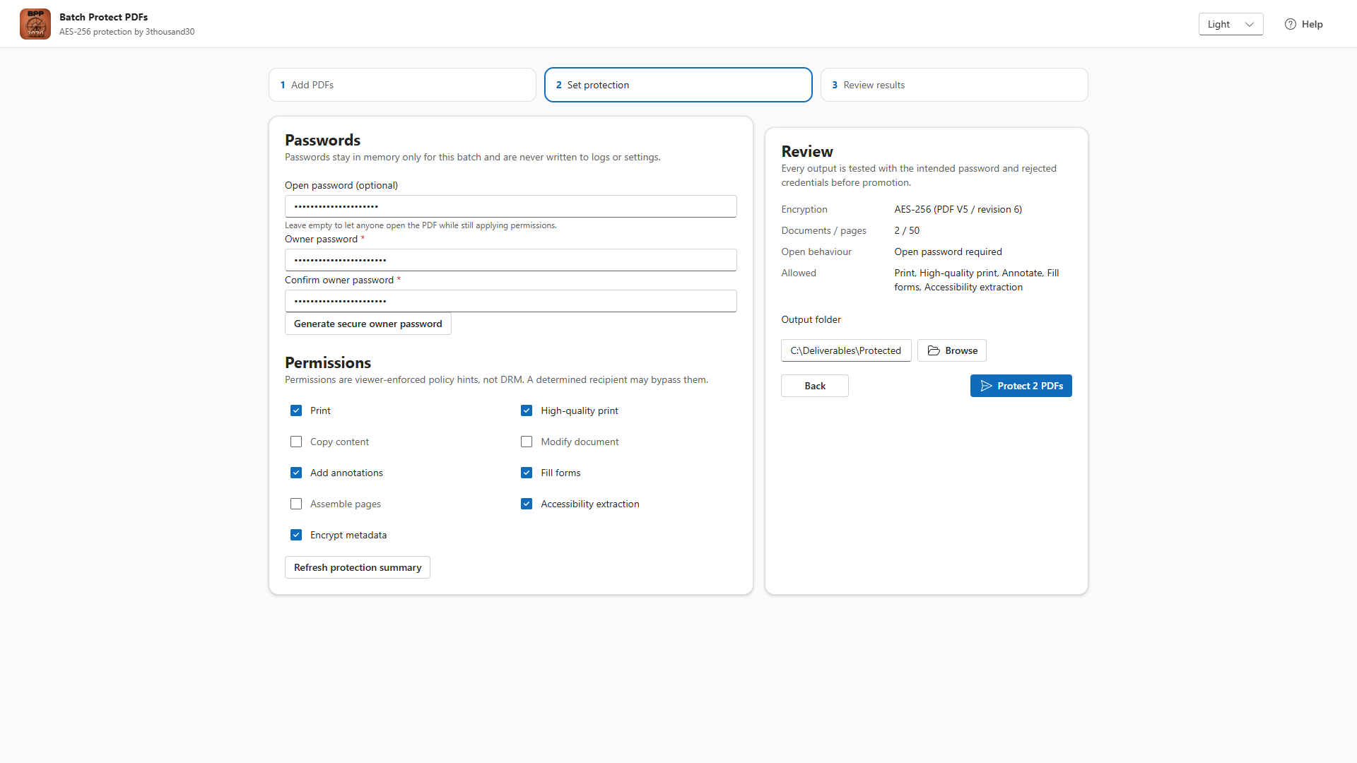 Set open and owner passwords